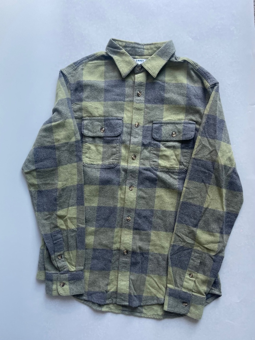 Old Navy Men’s Double Brushed Flannel Shirt Green Gray Plaid Size M 100% Cotton